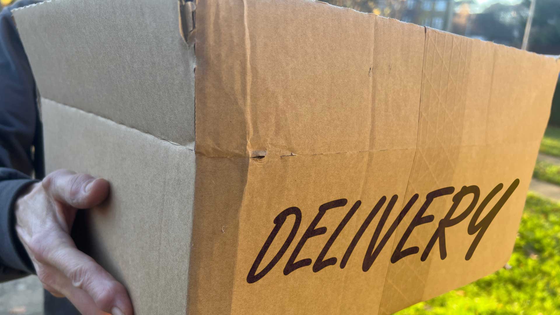 A delivery courier holding a box