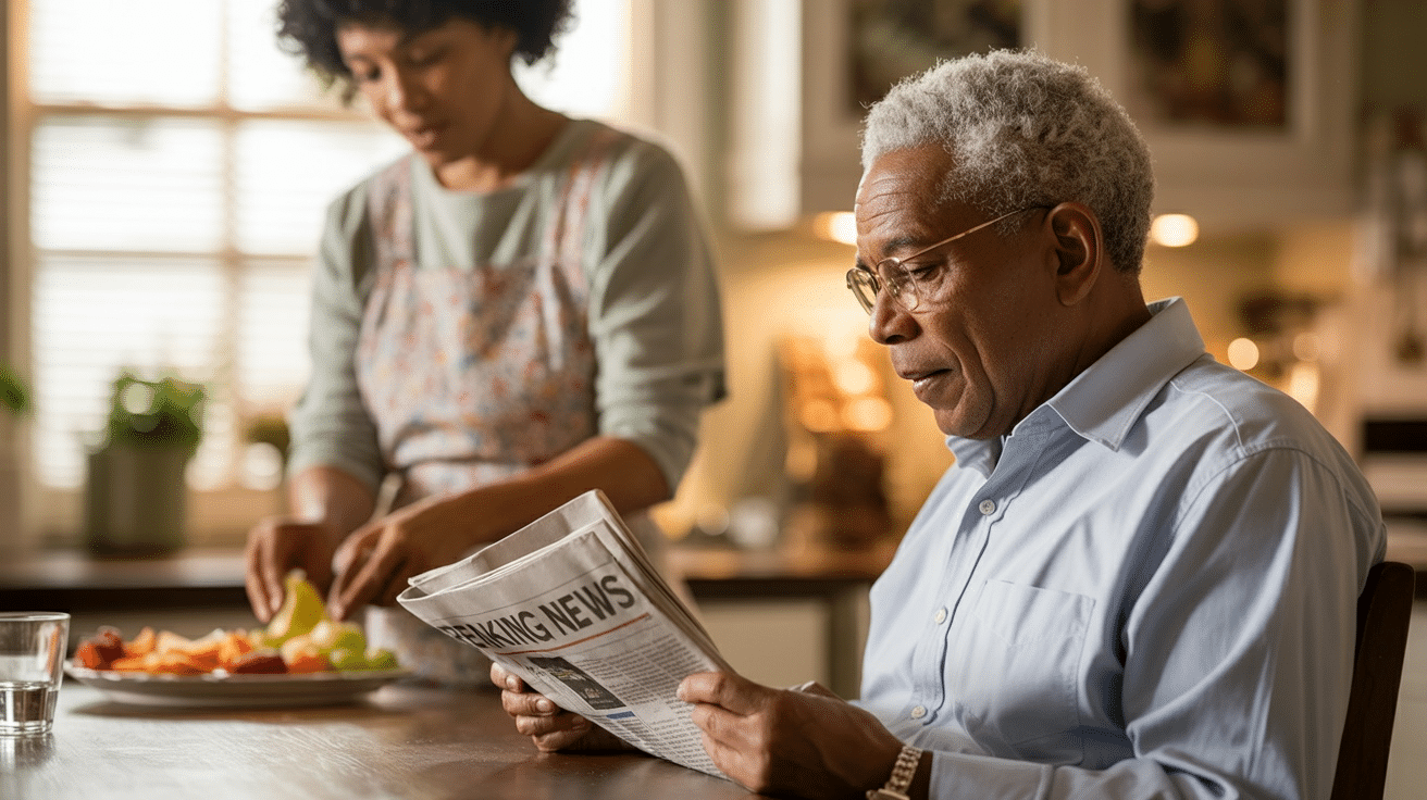 Daughter preparing food for her elderly father who is reading a newspaper