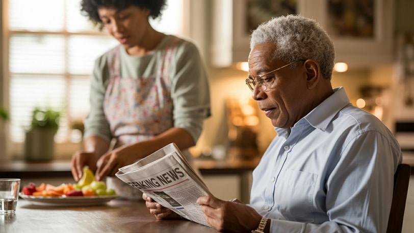 Daughter preparing food for her elderly father who is reading a newspaper