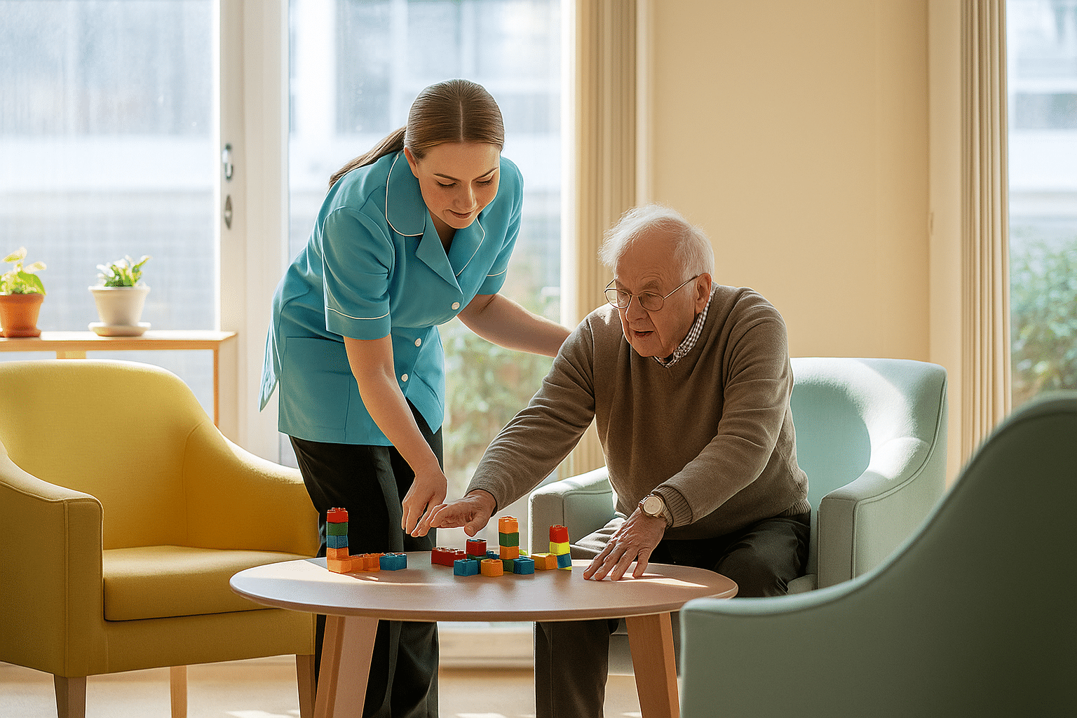 A female care assistant with a resident in a dementia care home