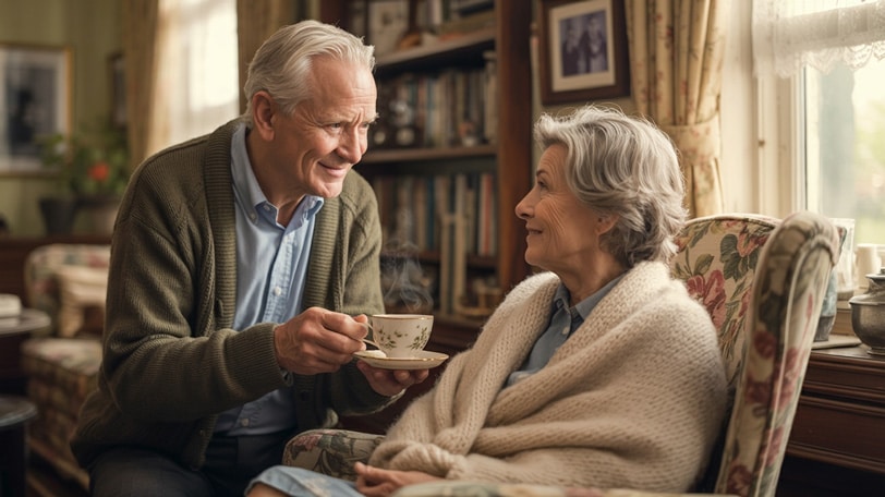 Elderly man caring for his elderly wife
