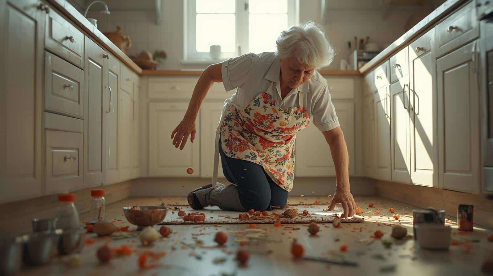 Elderly woman fallen over in the kitchen, with food scattered on the floor