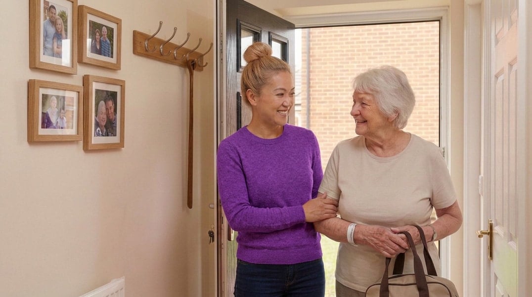 A client and her Carer laughing together at home