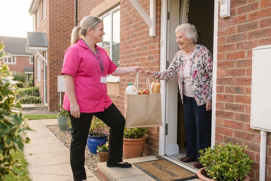 Elderly woman receiving shopping assistance from female Carer
