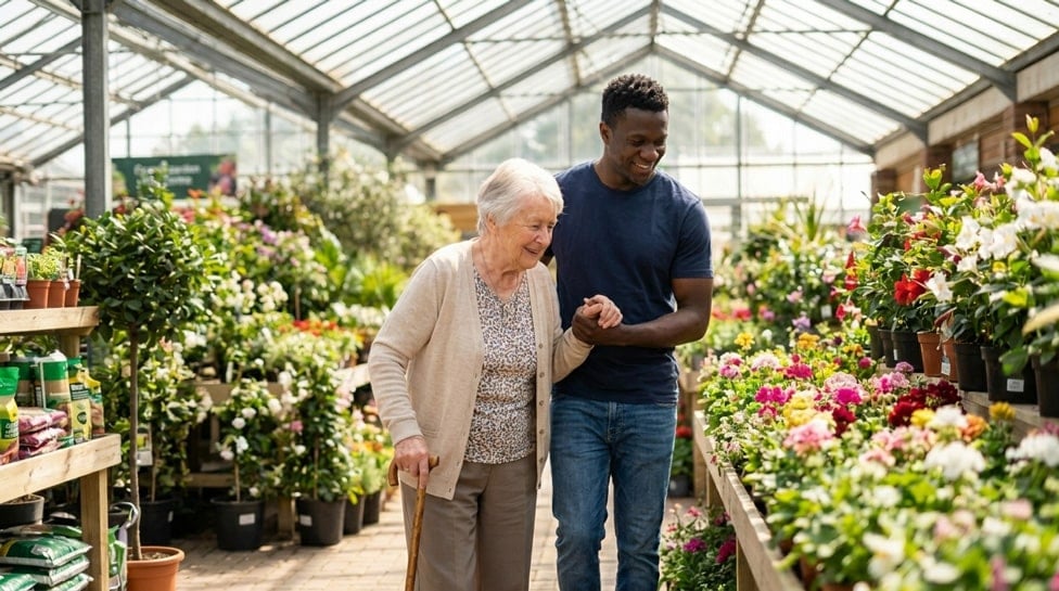 A Carer and client out at a garden centre