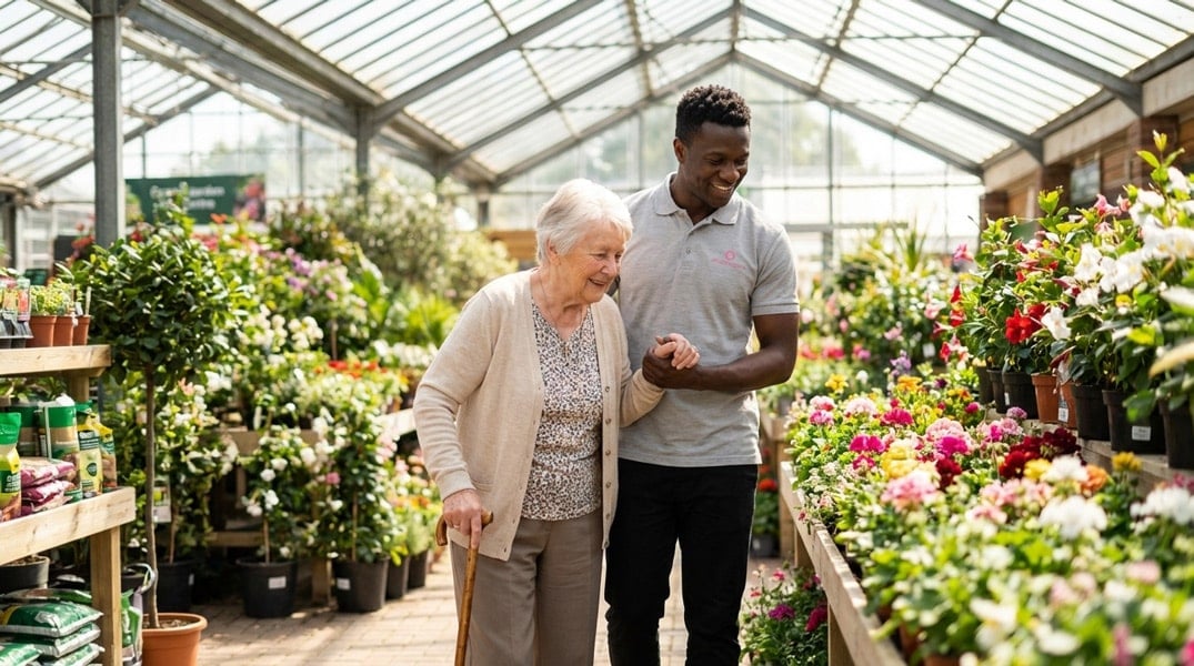 Male Carer and elderly woman exploring a garden centre