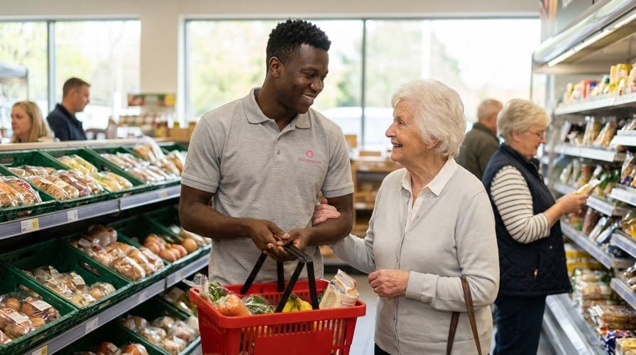 A care worker assists an elderly woman with her grocery shopping in a supermarket, both smiling warmly
