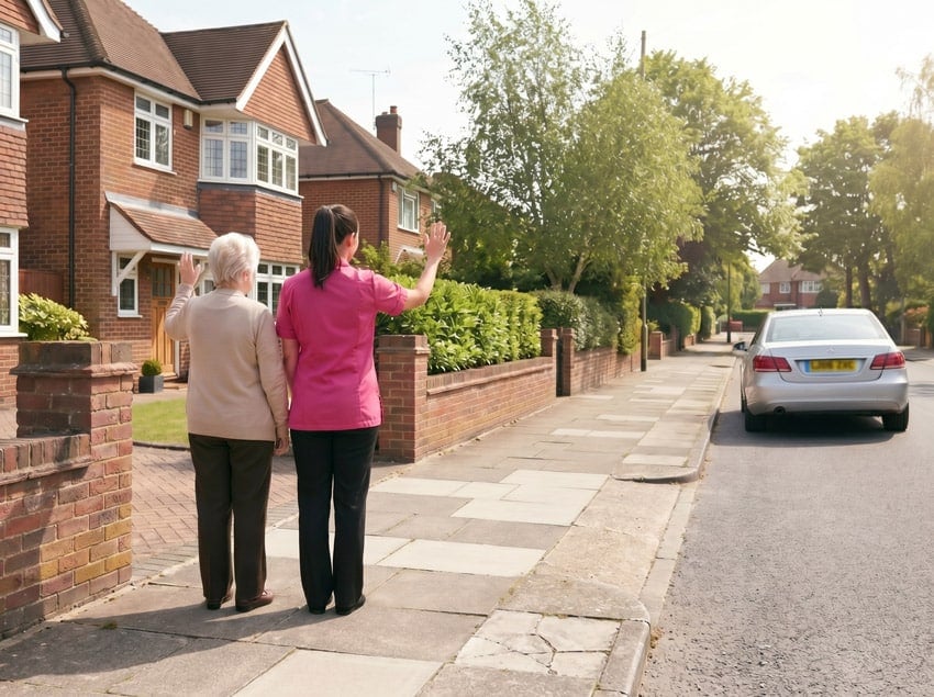 An elderly woman and her Home Carer waving goodbye to a retreating car