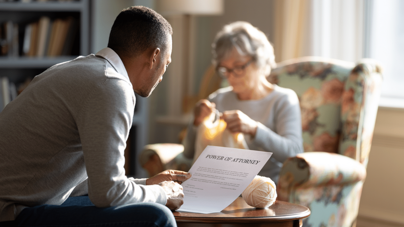 Son reading a letter while his elderly mother is in the background knitting