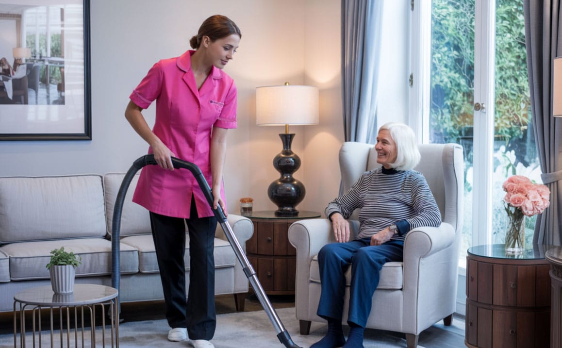 Carer performing housekeeping services for an elderly female client
