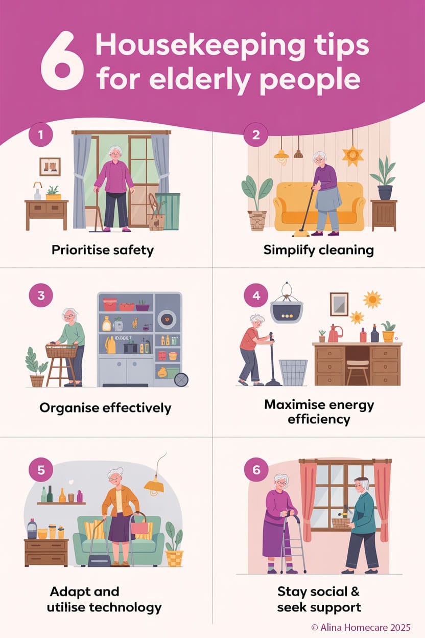 Infographic with tips for elderly housekeeping