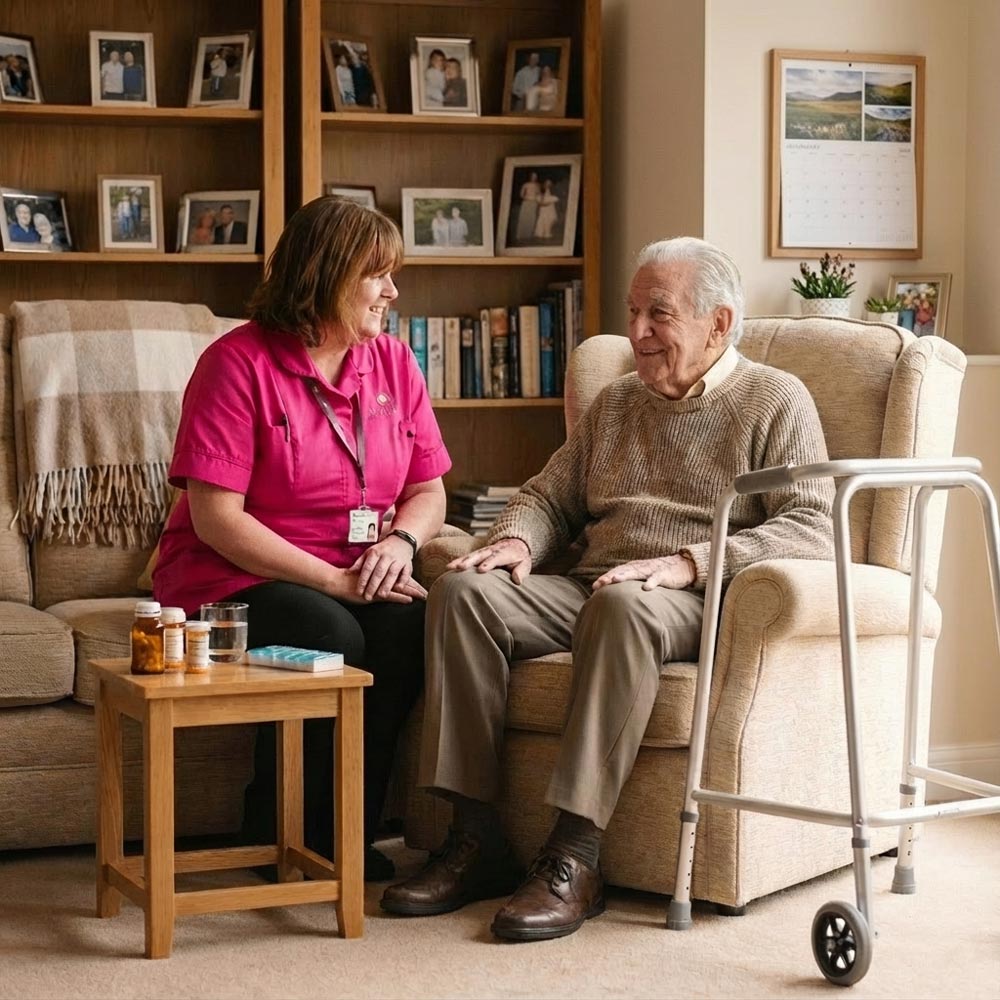 A man sat with his Carer receiving companion care