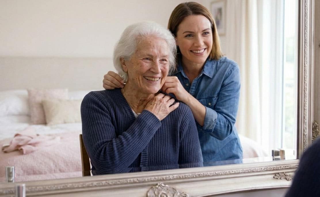An older woman at home with her daughter